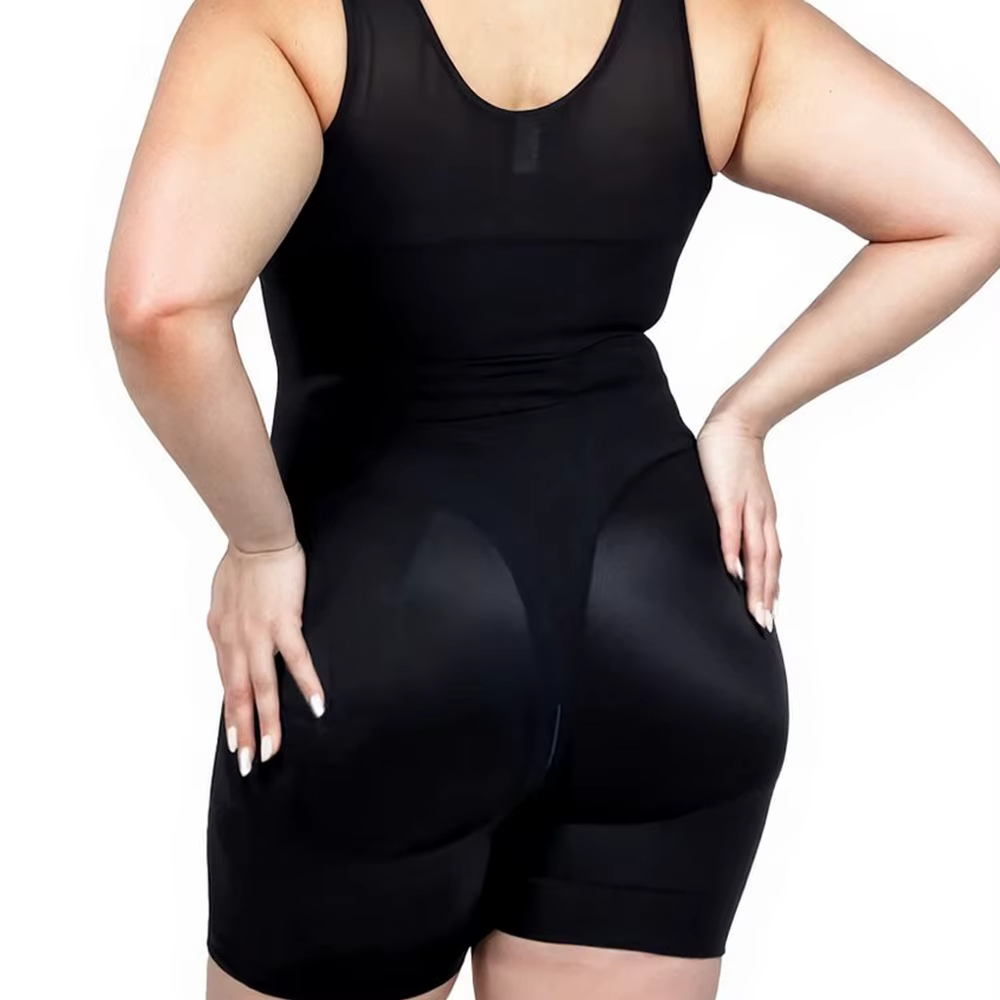 Front view of mid thigh tummy control shapewear bodysuit