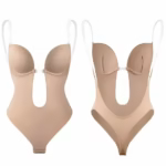Model in backless plunge shapewear bodysuit