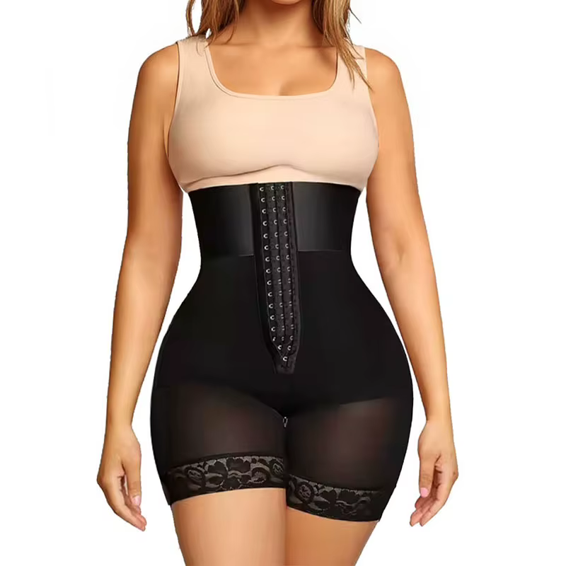 Front and side view of high waisted tummy control shaping shorts