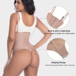 Strap and bust detail of high waisted shaping thong with straps