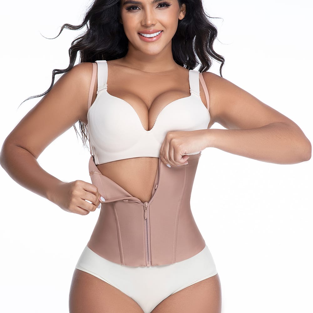 Front view of 15 steel bone waist cincher with straps