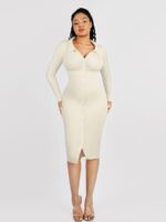Mujer con vestido camisa blanco.