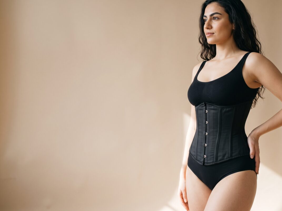 Mujer con corsé cinchador de cintura negro con varillas, banner principal.