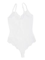 Body blanco en plano con corte tanga y corchetes.